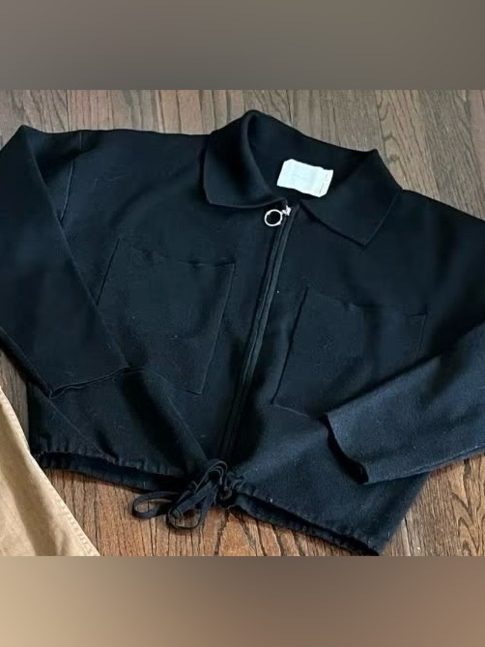 All Row Women’s Black Zip-Front Sweater Jacket with Drawstring Hem SMALL